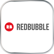 Es ist ein weißer Button mit einem silbernen Rand. Auf der Oberfläche steht mittig das Logo und der Schriftzug der Firma Redbubble.