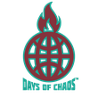 Dark red and cyan logo of the underground streetwear brand DAYS OF CHAOS™, showing a burning globe. 