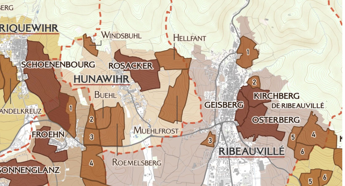 Le Helfant est un grand terroir de Hunawihr entouré des meilleurs : Grand Cru Rosacker, Muhlforst, Windsbuhl in ATLAS CARTOGRAPHIQUE DES CRUS VITICOLES ALSACIENS. https://www.jeunesvignerons.alsace/cartographie/