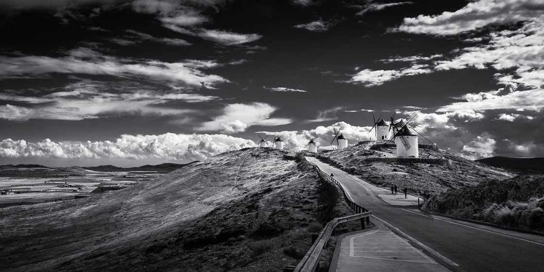 Schwarzweißfotografie von Don Quijote's Windmühlen in Consuegra (Molinos de Consuegra) in Spanien in die sommerliche Landschaft der La Mancha eingebettet (schwarz-weiß Fotografie)