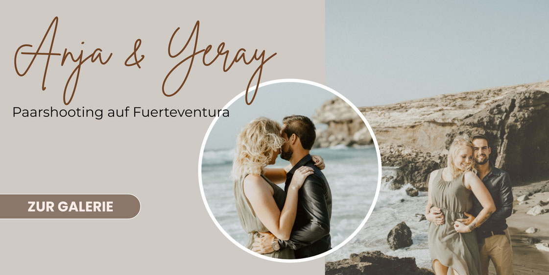 Paarshooting von Anja und Yeray auf Fuerteventura am Strand – natürliche und emotionale Paarfotos im warmen Licht.