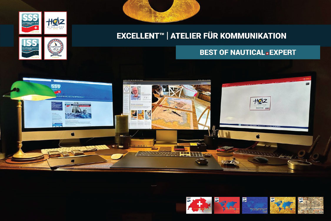 Drei Monitore mit nautischen Websites – Symbol für das EXCELLENT™ Atelier für Kommunikation, wo Philosophie, Coaching und digitale Bildung im nautischen Kontext zusammenfliessen.