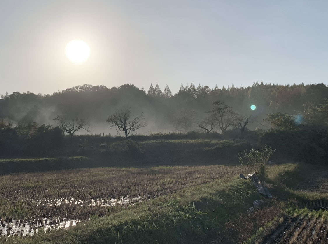 夕陽と秋の野焼き