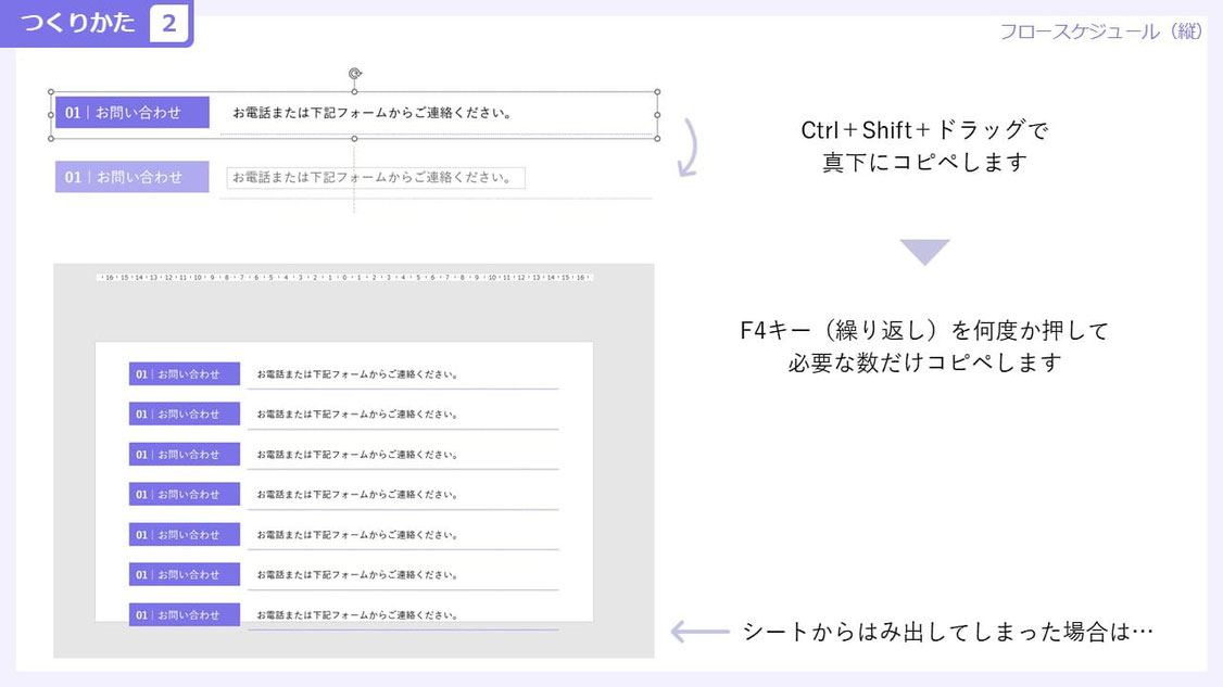 パワーポイントでのスケジュールの作り方です。これを作りながらショートカットキー「Ctrl + Y」(直前の動作の繰り返し)も覚えてください。