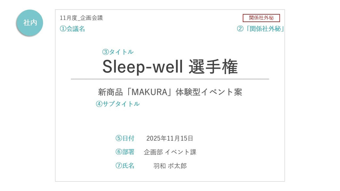 パワポの表紙、社内資料であれば、だいたいこのぐらいの作り方で大丈夫です。