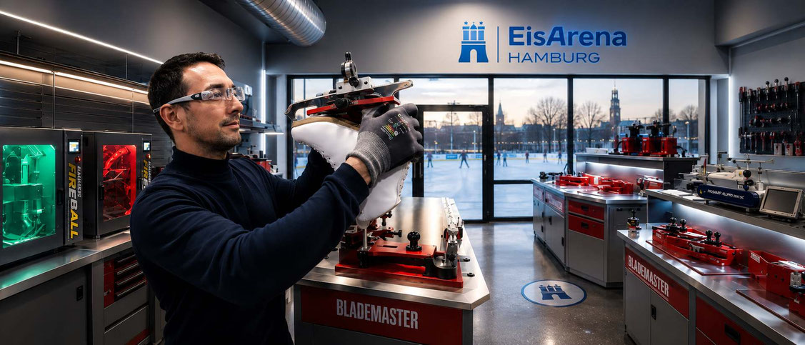 Startseitenbild. Eiskunstläuferin mit Blademaster, Blackstone, Firewall und Prosharp-Logos