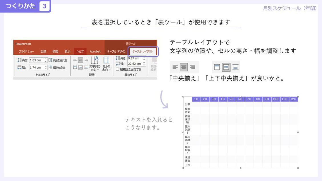 パワーポイントでのガントチャートの簡単な作り方。「表ツール」を使って幅などを調整します。