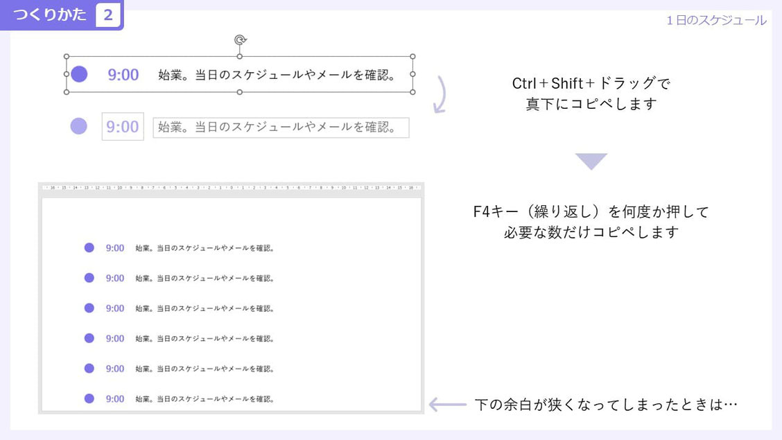 パワーポイントでの時系列の作り方。オブジェクトの複製は「F4」キー、またはショートカット「Ctrl + Y」です。