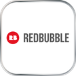 A white button with a silver edge features the Redbubble company logo on a white surface.