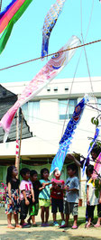 こいのぼりを揚げる園児ら=11日、緑ヶ丘保育園
