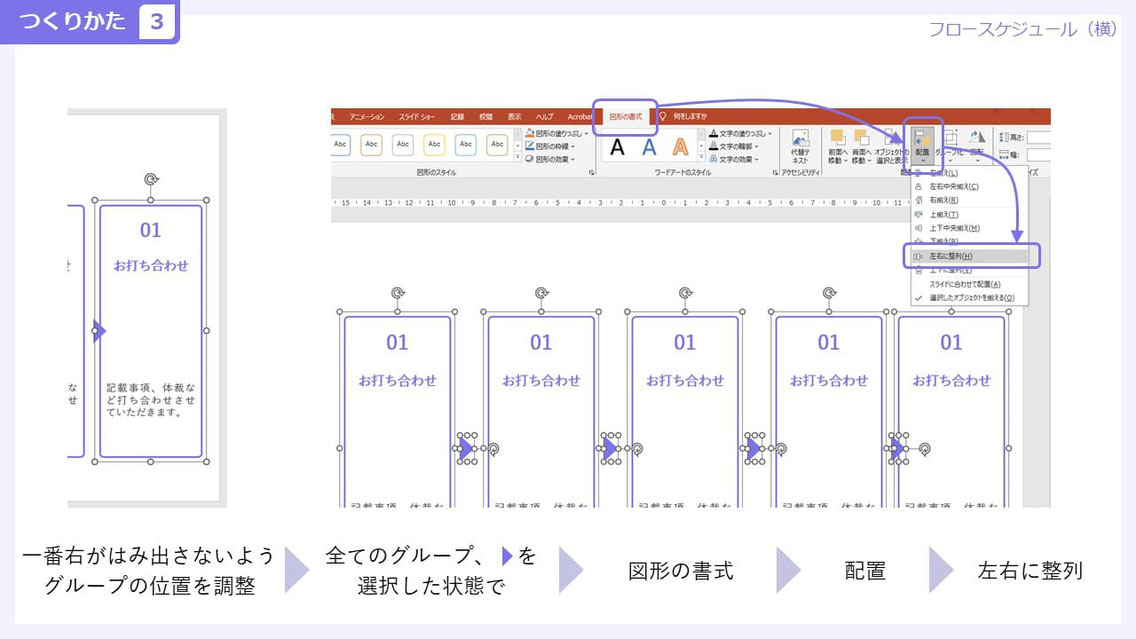 パワーポイントでのスケジュールの作り方です。こういう場合は必ず等間隔に揃えるテクニックを覚えてください。