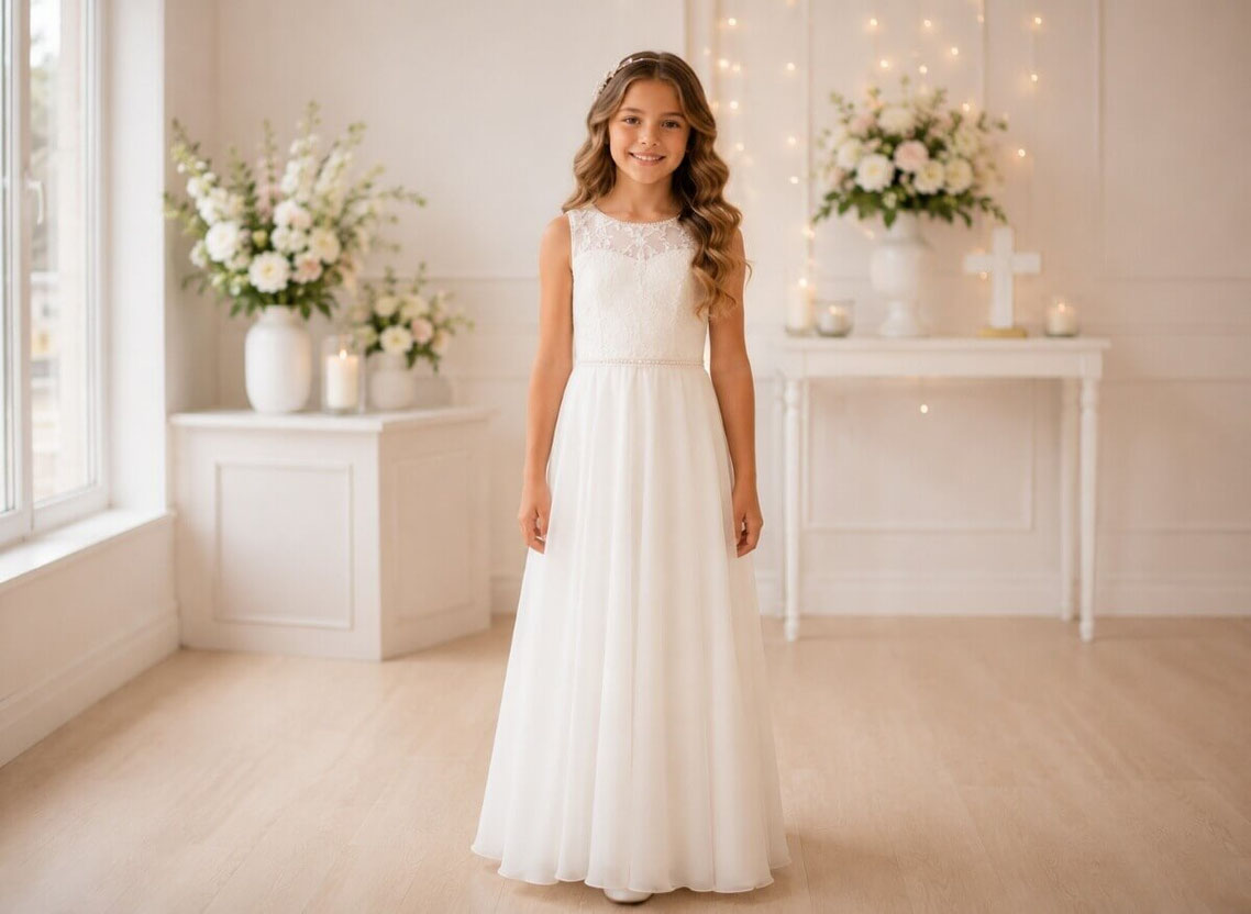 White First Holy Communion dress with elegant details and accessories in the Homburg boutique