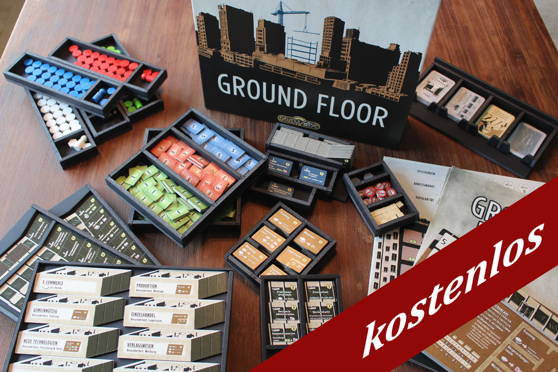 Brettspielinsert für Ground Floor. Befülltes Inlay mit Spielmaterial.