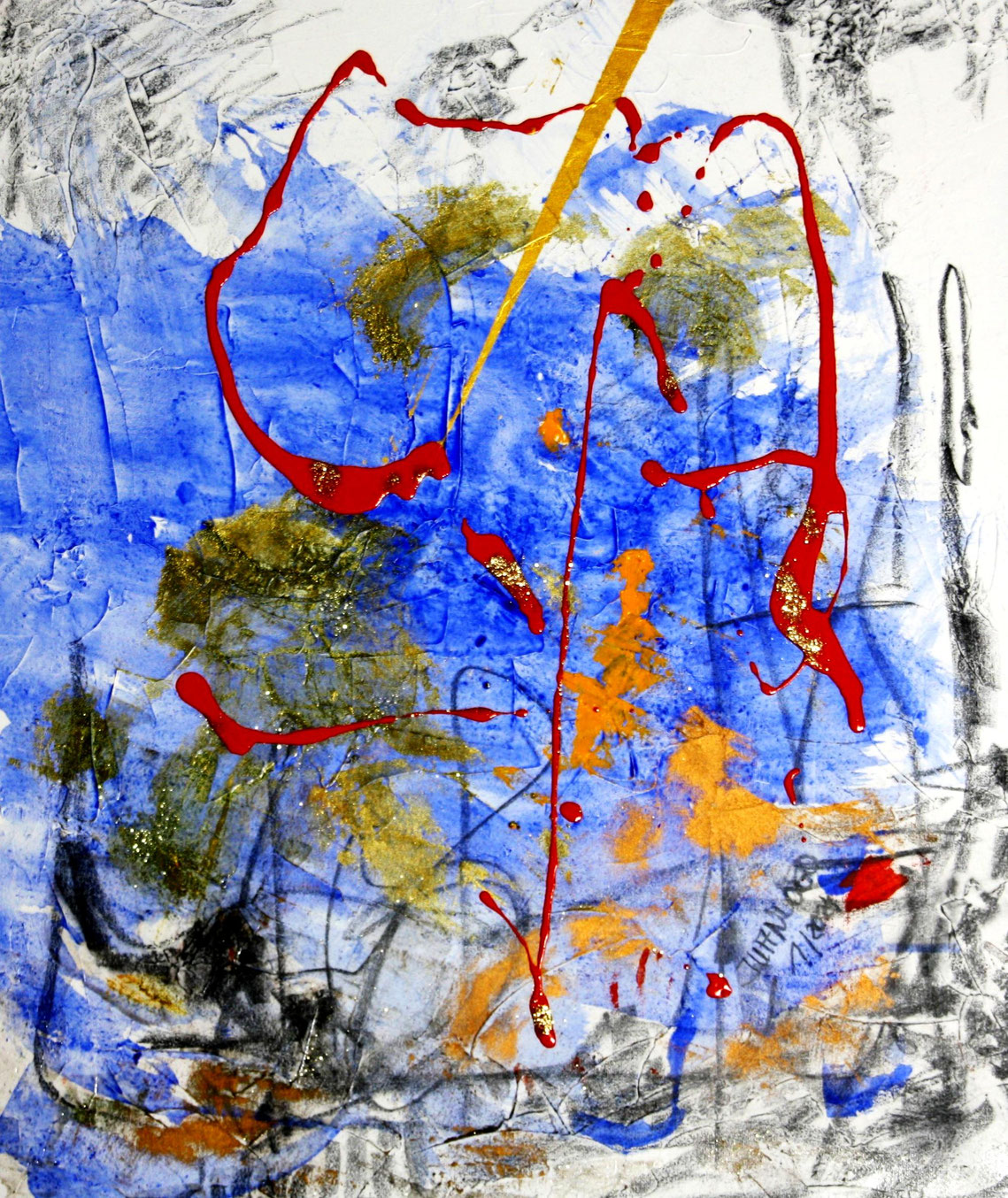 Wolfgang Graf | "Berührung in der Leidenschaft", Acryl, Glitter, Acrylpaste, Graphit, Pigment auf Leinwand, 2024, 50x60 cm