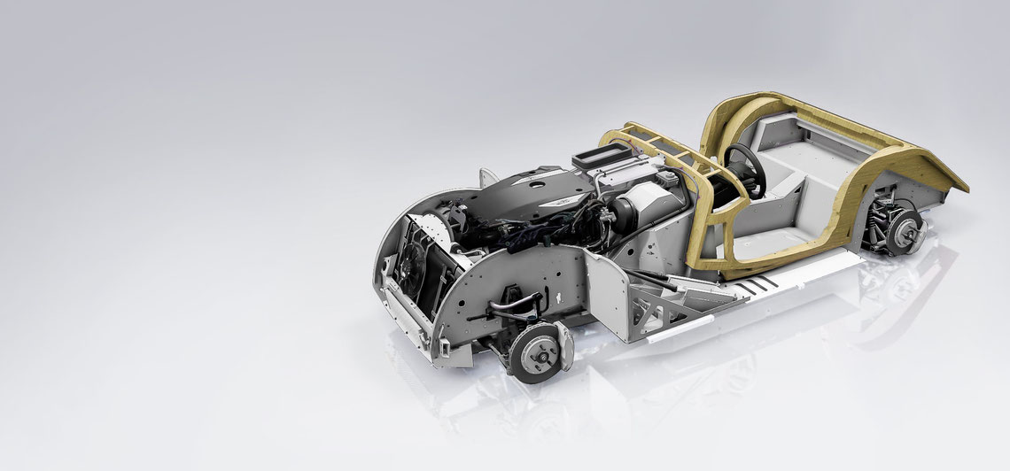 Das Chassis eines modernen Morgan ohne Karosserie, sichtbar ist der berühmte Eschenholzrahmen