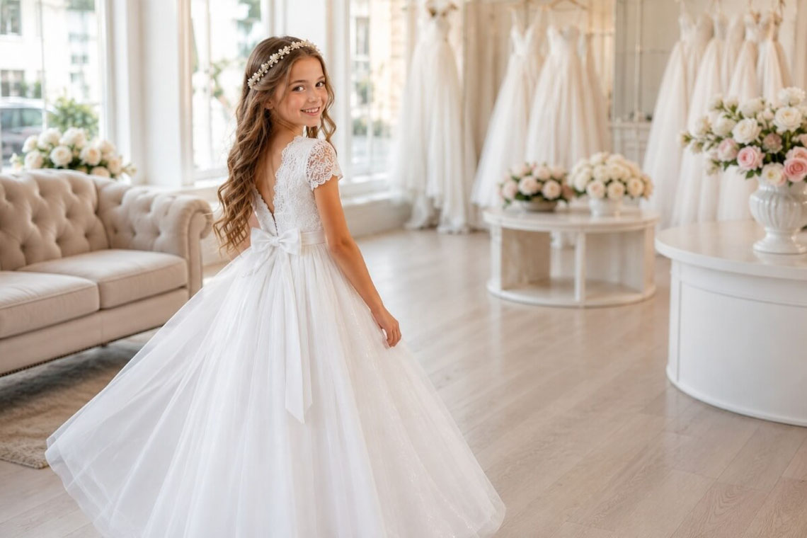 Traditional First Holy Communion dress with elegant details and accessories in Homburg Germany