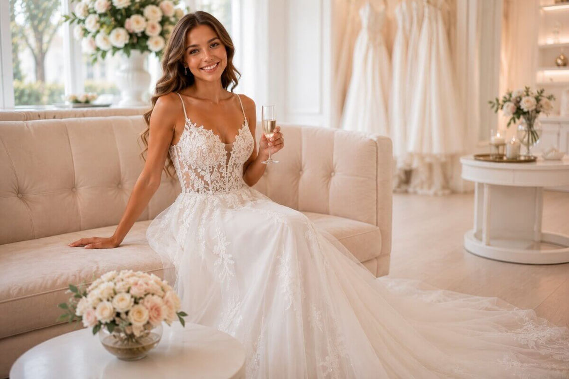 Bride trying on a lace wedding gown during a personal bridal consultation in Homburg Germany