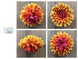 gehäkelte Muttermund-Blume in himbeere, Orange- und Gelb-Tönen - verschiedene Ansichten: seitlich, geschlossen, offen