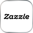 Es ist ein weißer Button mit abgerundeten Ecken. Der Rand ist silbern. In der Mitte ist das Logo und der Schriftzug der Firma Zazzle.