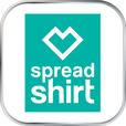 Ein weißer quadratischr Button hat das petrolfarbene Logo von Spreashirt.
