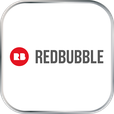 Ein weißer Button mit silbernem Rand. Die Ecken sind abgerundet. In der Mitte der weißen Fläche ist das Logo der Firma Redbubble.