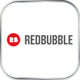 Das Logo von Redbubble ist in der Mitte eines weißen Buttons mit silbernem Rand.