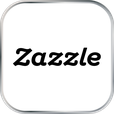 Es ist ein quadratischer Button mit weißer Oberfläche und silbernem Rand. Man sieht das Logo, bzw. den Schriftzug von Zazzle.