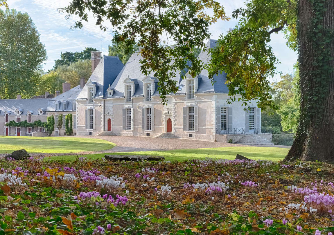 Chateaux des Grotteaux mit Frühjahrsblühern im Vordergrund