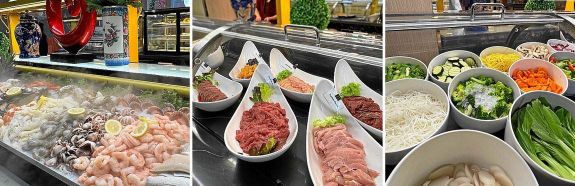 Grillfleisch, Garnelen und Gemüse für den mongolischen Grill