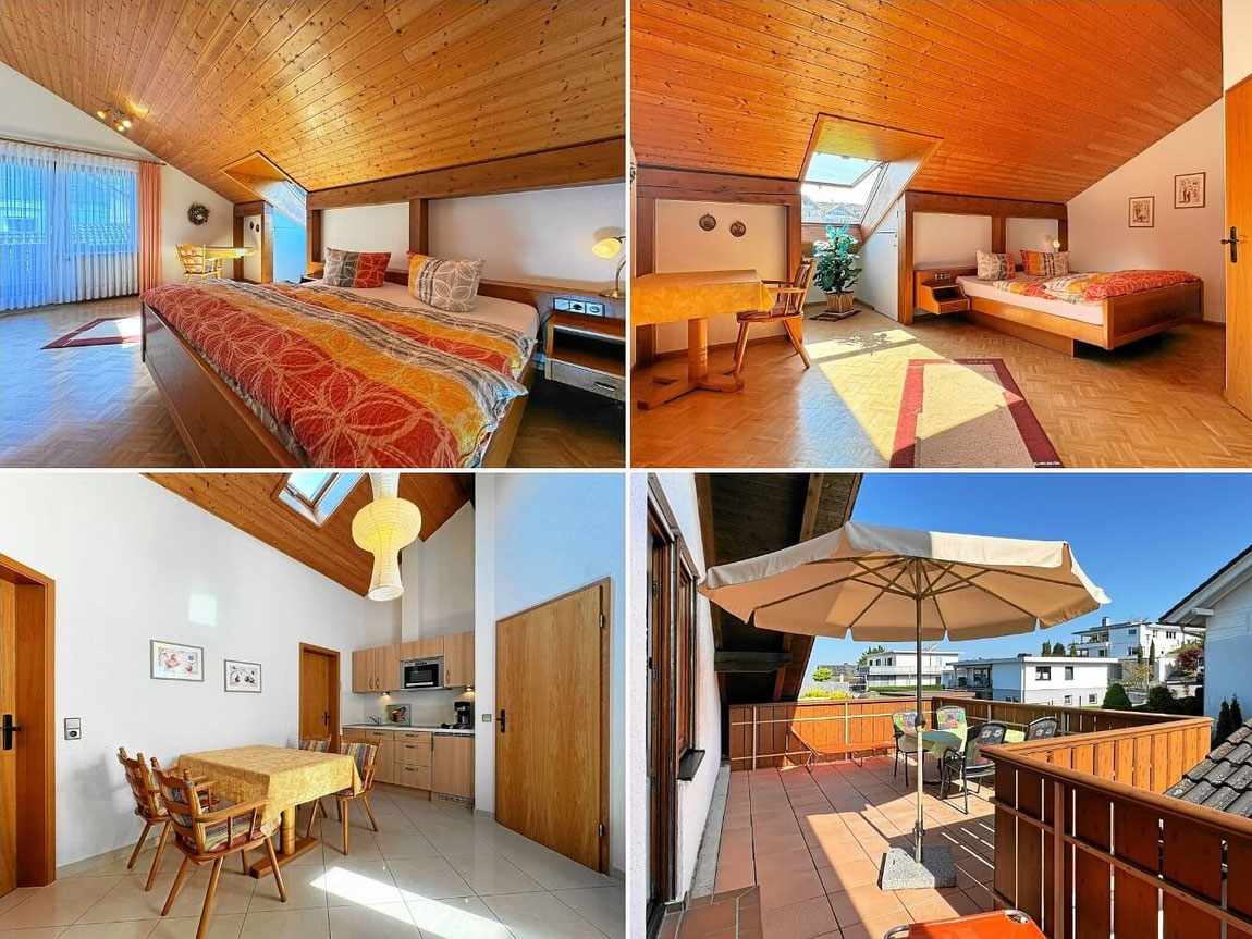 Schlafzimmer, Küche und Terrasse der Ferienwohnung 5