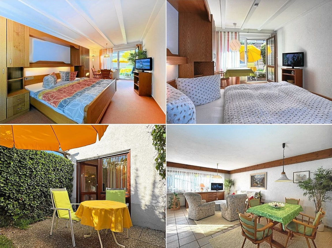 Schlafzimmer, Terrasse und Gemeinschaftsraum der Ferienwohnungen