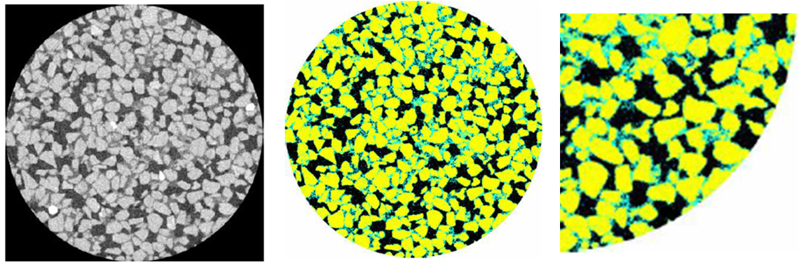 The initial images obtained by computed tomography (left) are trinarised to distinguish the 3 phases - yellow: solid sand particles; blue: pore water; black: pore air (Credit: Higo and Andò)