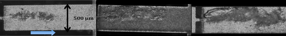 Laser imaging (exposure time = 8 ns) of a hydrodynamic cavitating flow emerging from a micro diaphragm of height = 134 μm and width = 63 μm. Reynolds number in the diaphragm run from 2540 (Pin = 8.7 bars on the left) to 3150 (Pin = 16.3 bars)