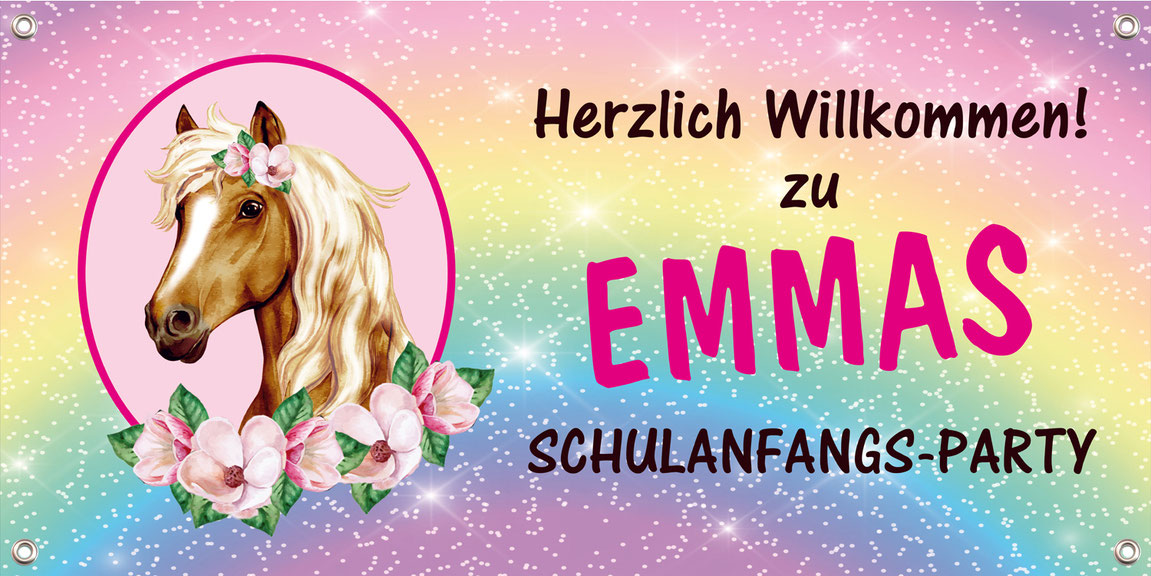 Banner zum Schulanfang 100 x 50 cm - Pferd mit Blüten und Glitzer Regenbogen - Nachhaltige PVC-freie Banner -  die umweltfreundliche Alternative zu herkömmlichen Bannern aus Kunststoff und PVC