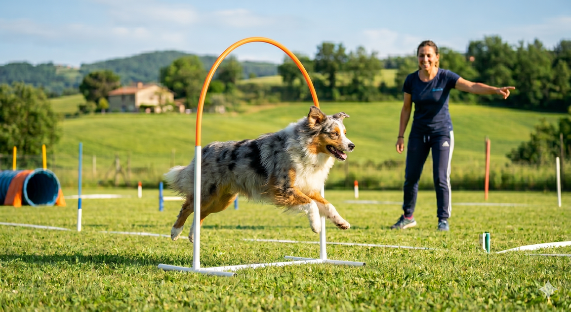 Un cane che attraversa un cerchio da Hoopers durante un allenamento di cinofilia sportiva all'aperto presso l'ASD Ciao Ciao Bau Bau in Friuli Venezia Giulia.