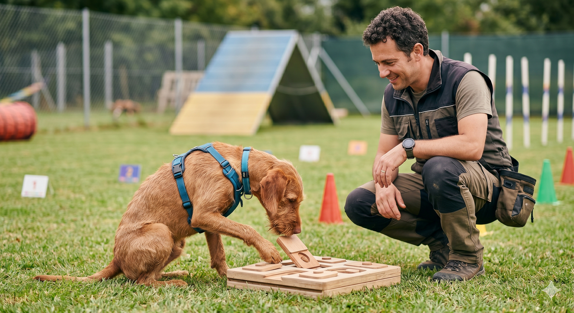 cane intento ad affrontare un'attività di problem solving sotto lo sguardo complice del proprietario, presso l'ASD Ciao Ciao Bau Bau