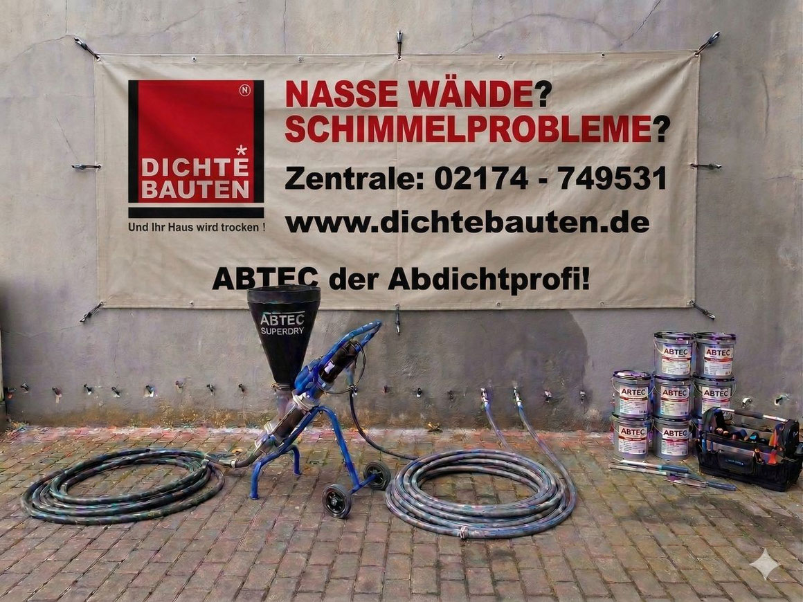 Fachgerechte Erstellung einer Horizontalsperre gegen eine nasse Wand in Köln: ABTEC der Abdichtprofi nutzt das bewährte Superdry-Injektionsverfahren zur dauerhaften Mauertrockenlegung.