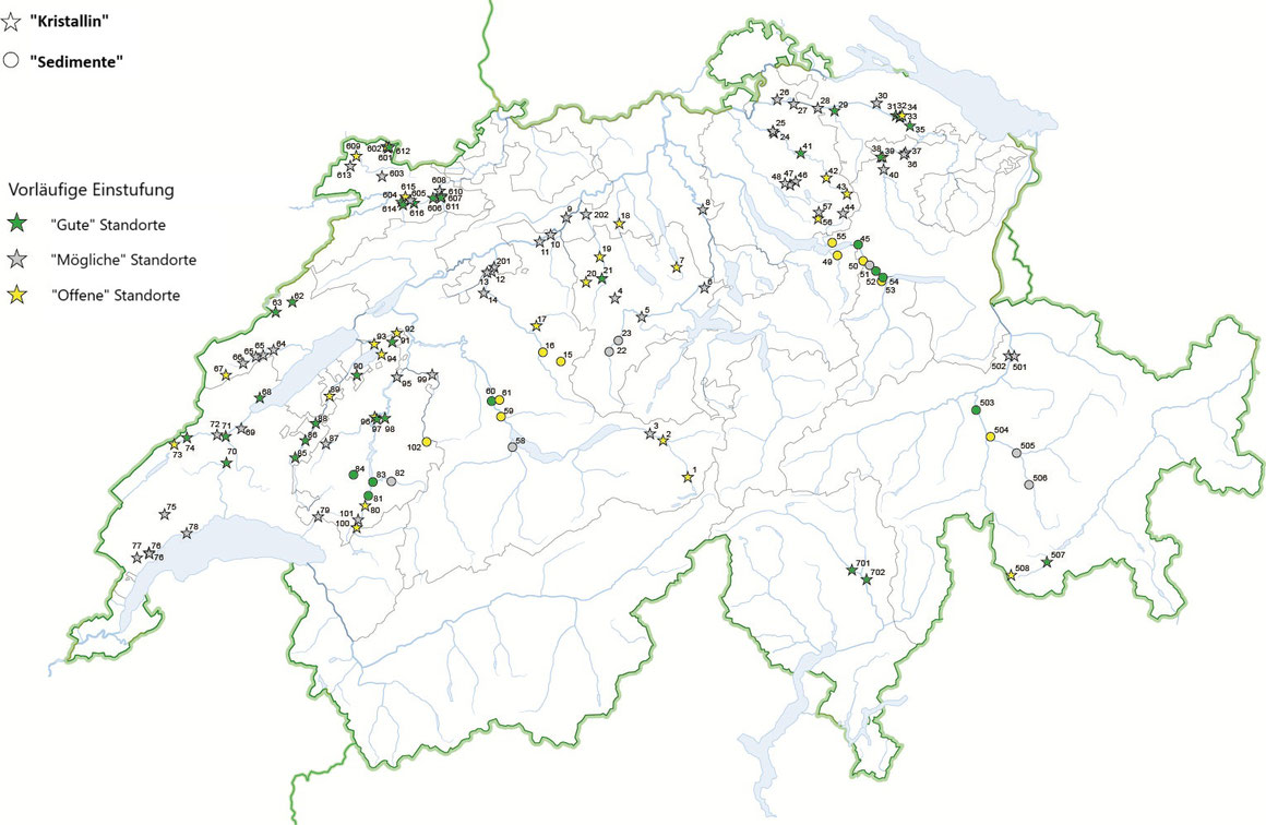 Die fast 130 potenziellen Standorte für ein Tiefengeothermieprojekt in der Schweiz, die in einer ersten Analyserunde identifiziert wurden.