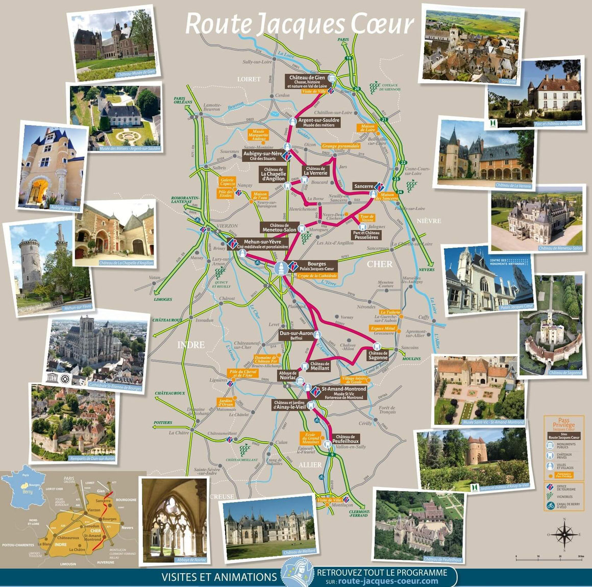 Kaart van de kastelen op de Route Jacques Coeur