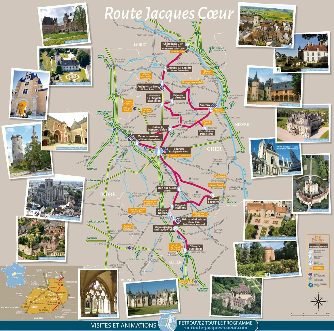 Carte des châteaux de la Route Jacques Cœur