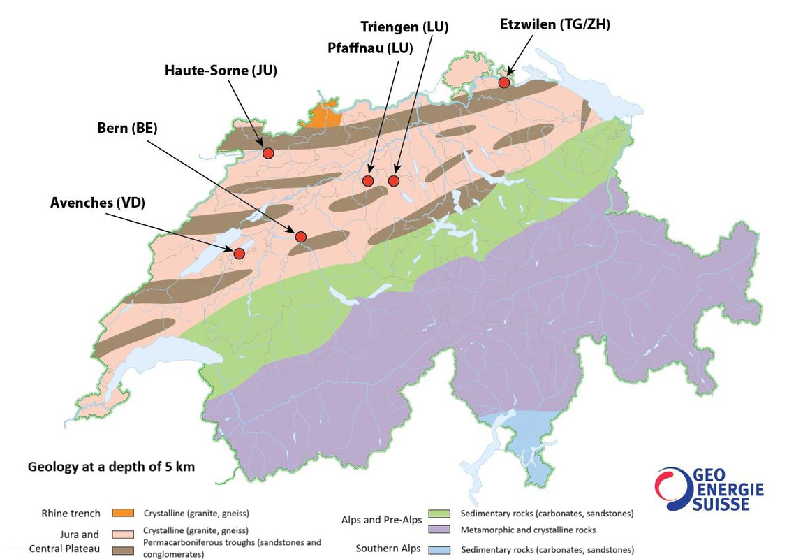 The expected geological conditions underground at the five sites selected for a deep geothermal pilot project