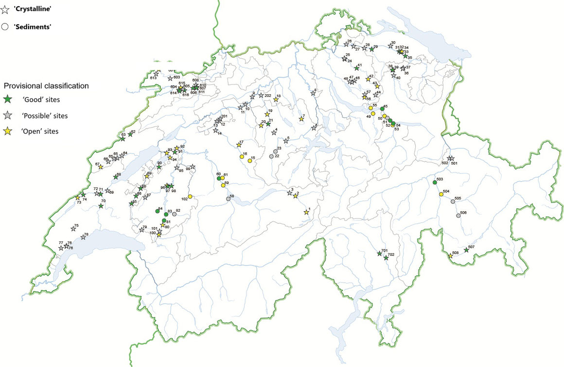 The approximately 130 potential sites for a deep geothermal project in Switzerland identified in an initial round of analyses.