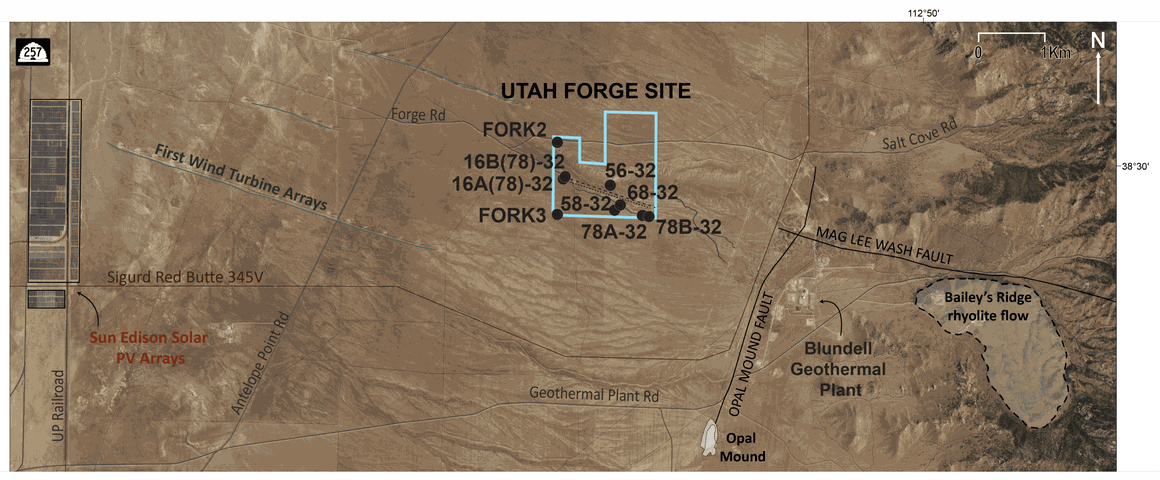 Kommentierte Luftbildkarte des geothermischen Forschungsstandorts Utah FORGE in Beaver County, Utah, mit Darstellung der Bohrplattformen und Bohrlöcher (FORK2 und FORK3). Bildnachweis: Mit freundlicher Genehmigung von Utah F.O.R.G.E.