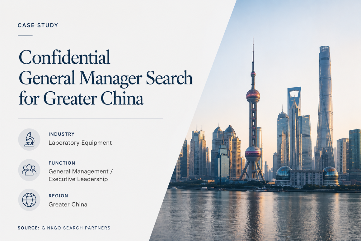 Case study hero image illustrating a confidential General Manager executive search assignment for a European laboratory equipment manufacturer in Greater China, featuring the Shanghai skyline and executive leadership theme.