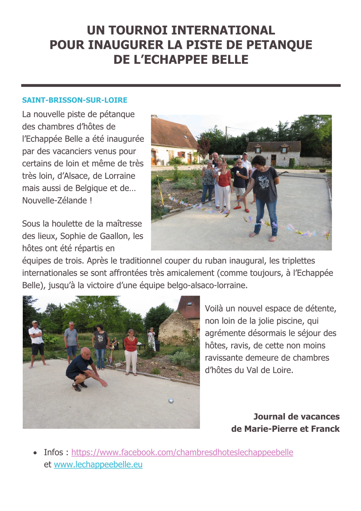 Article de pressesur l'inauguration du terrain de pétanque de L'Echappée Belle