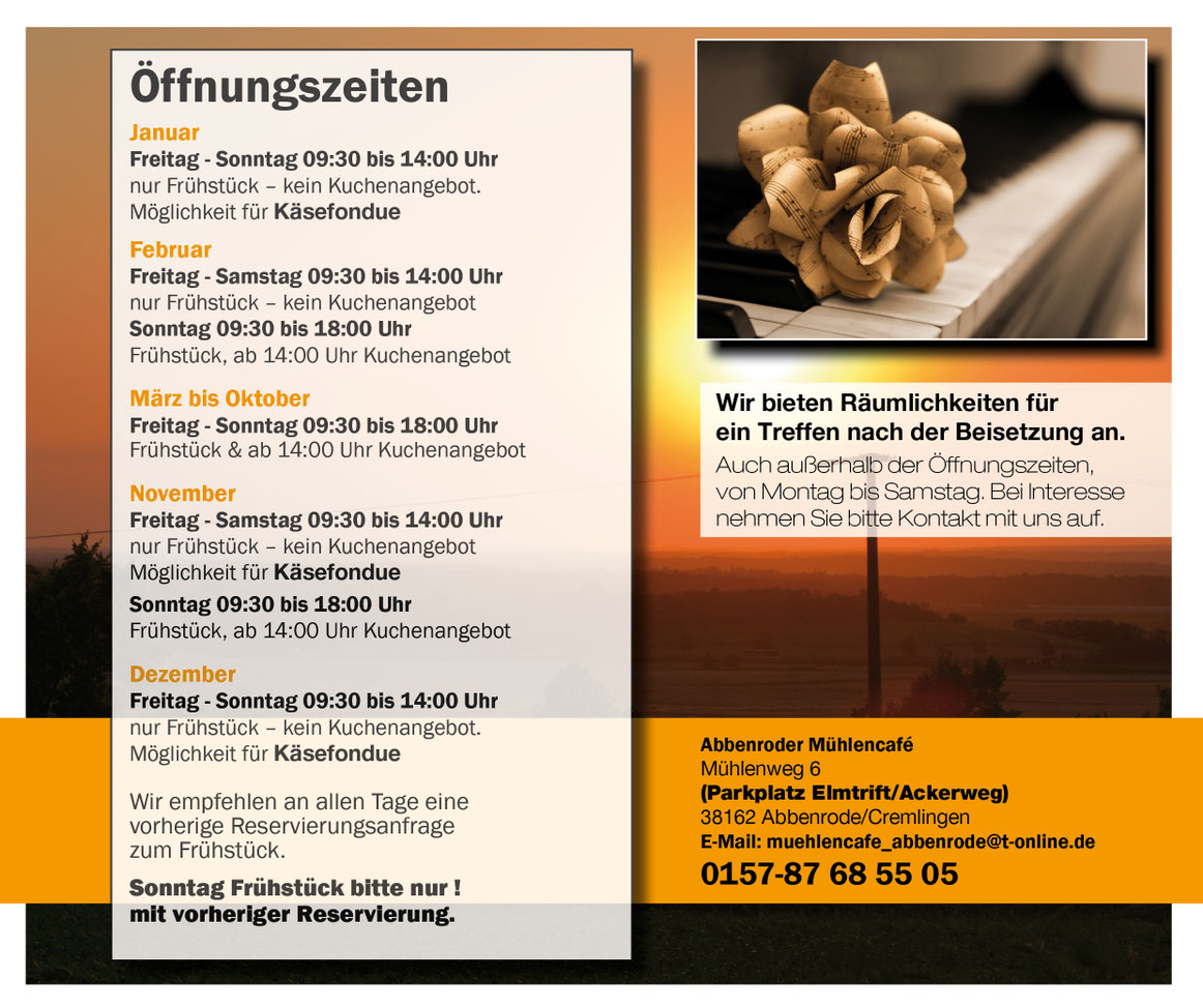 Öffnungszeiten Abbenroder Mühlencafé
