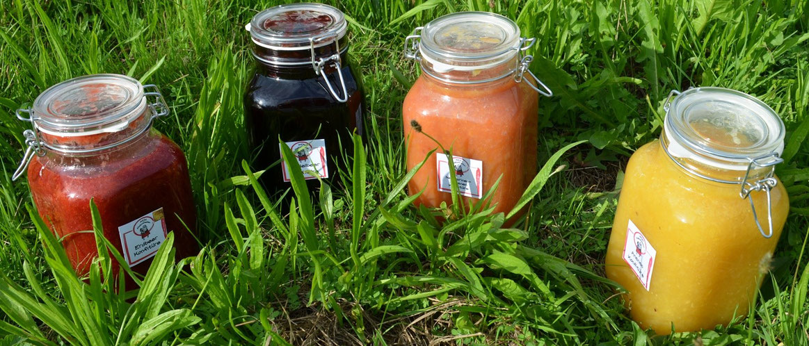 Leckere Konfitüren; im Bild sind Erdbeer, Heidelbeer, Aprikose mit Banane und Ananas-Konfitüre.
