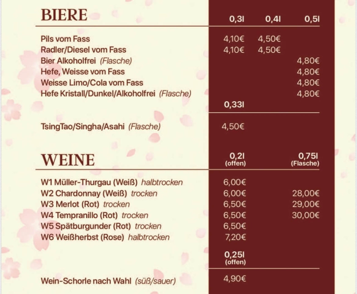 Getränkekarte Ginza Konstanz