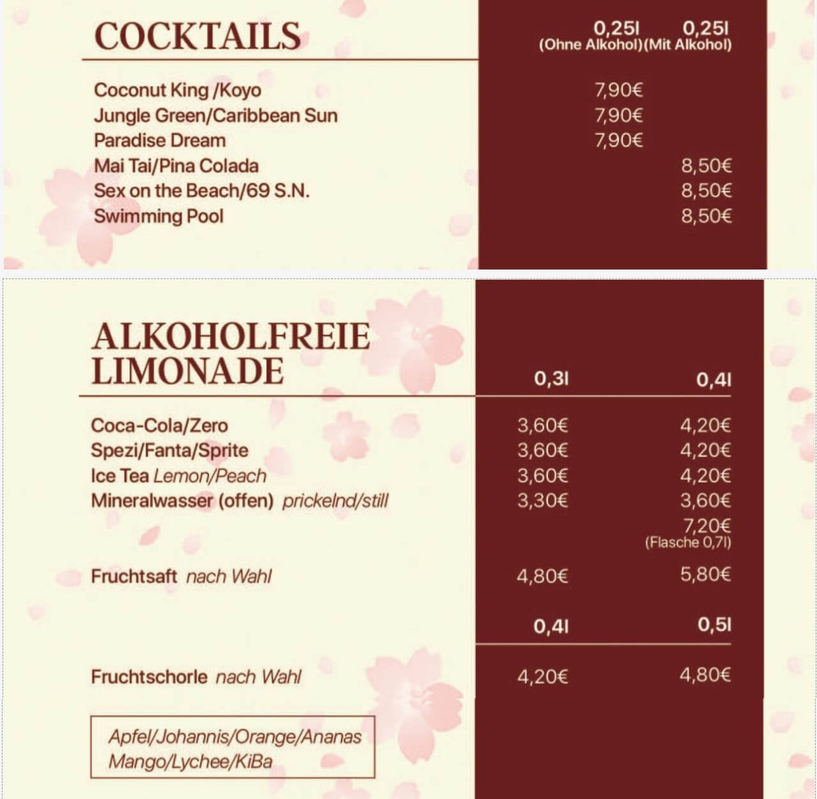 Getränkekarte Chinarestaurant Ginza