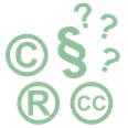 grünes Icon: verschiedene Rechtssymbole, Paragraphen, Copyrigth Symbole 